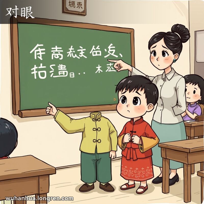 一位武汉小学生在教室里，患有内斜视（对眼），老师关切地指着黑板，背景有其他同学好奇地看着。