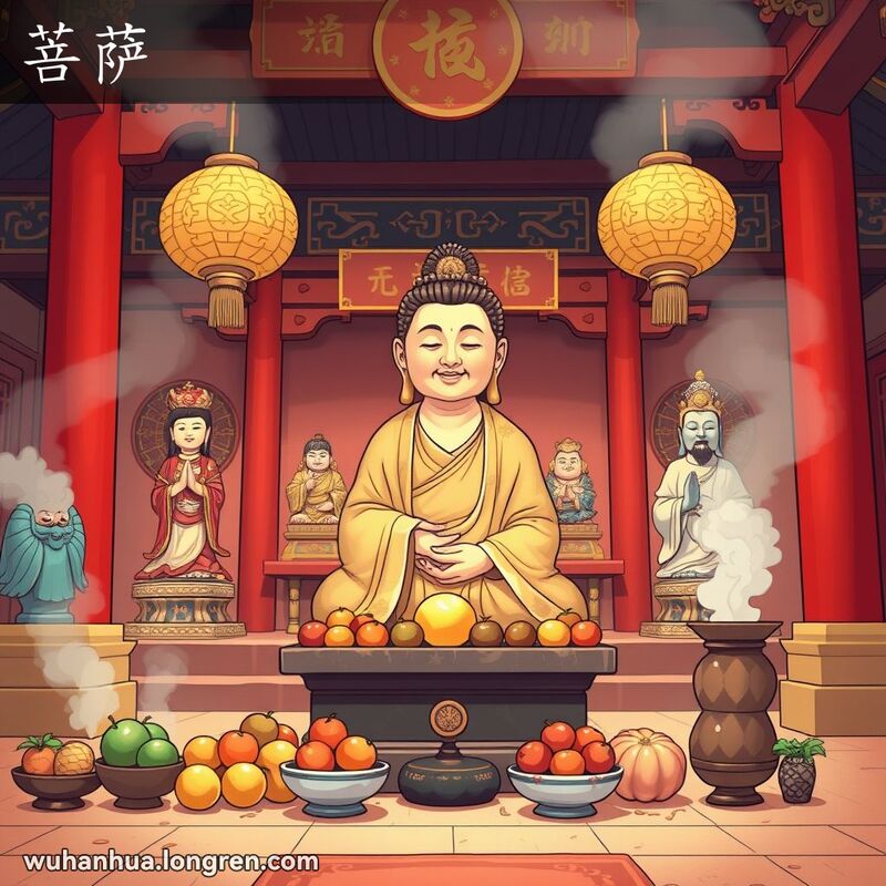 传统中国寺庙场景，中央是慈祥的佛教神像，周围有供品，背景有其他神像和传统建筑元素。