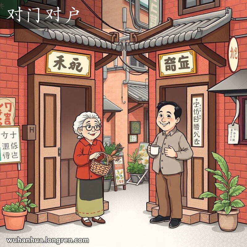 两户武汉老街坊的房子大门相对，门口分别站着一位老妇人和一位中年男子，他们正在热情地交谈，手中分别拿着新鲜蔬菜和茶杯，表情亲切，动作自然，背景是武汉老街景