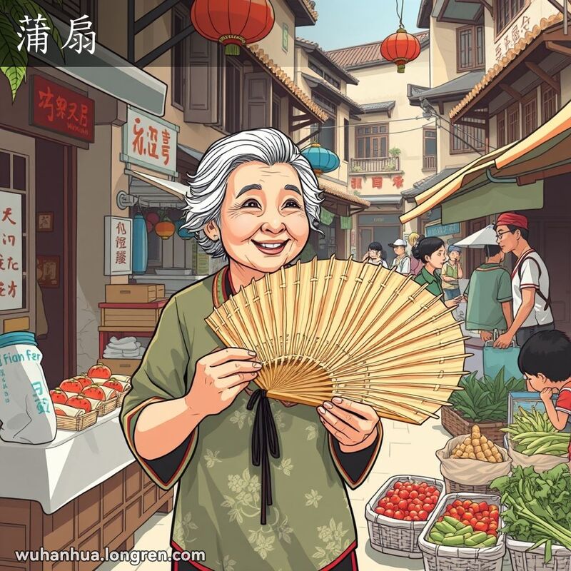 一位老妇人在武汉街市手持香蒲叶扇子，背景是老式建筑和繁忙市场