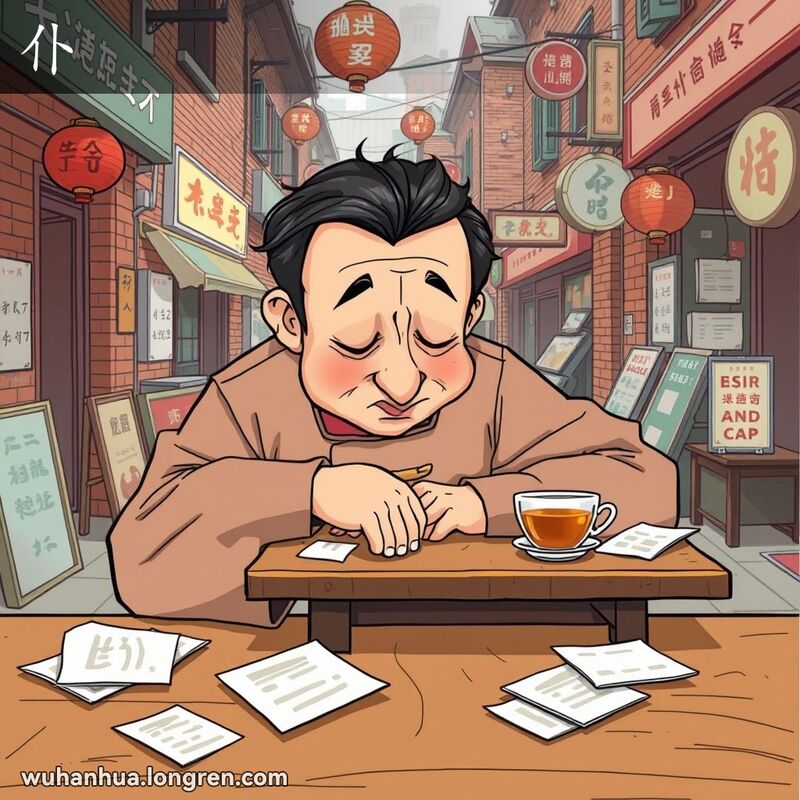 一位穿着传统中国服装的男子俯身在木桌上睡着了，脸朝下，桌上散落着纸张和茶杯，背景是武汉老街景。
