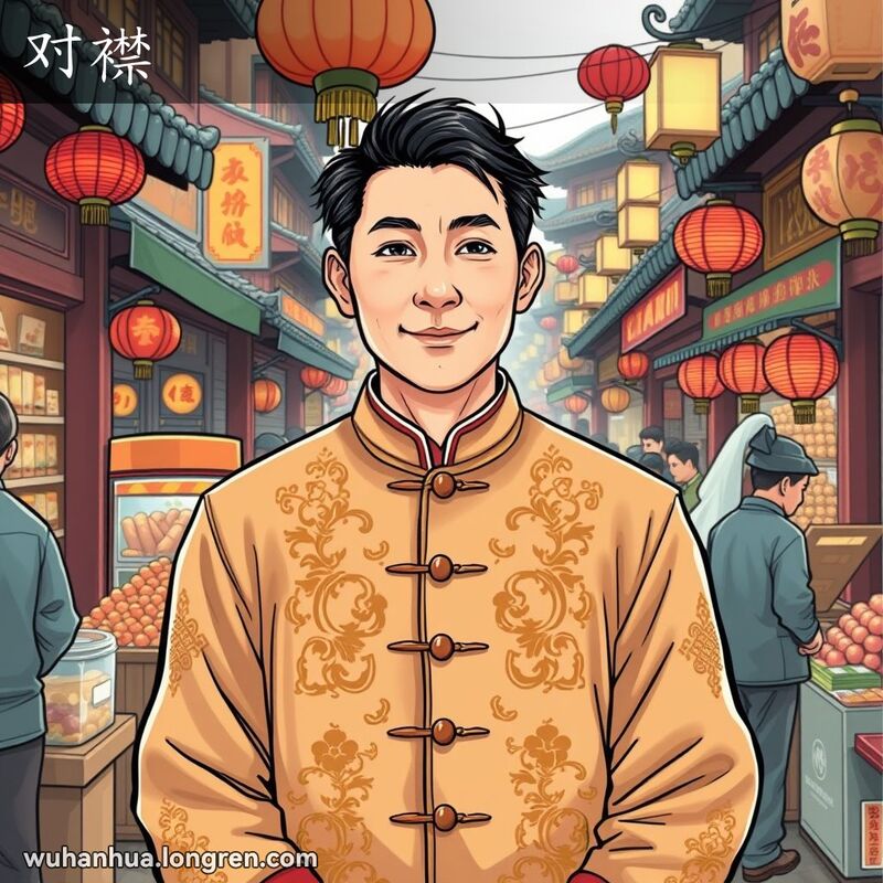 一位穿着传统对襟上衣的武汉男子站在老街市场中，背景有中国建筑和小摊贩
