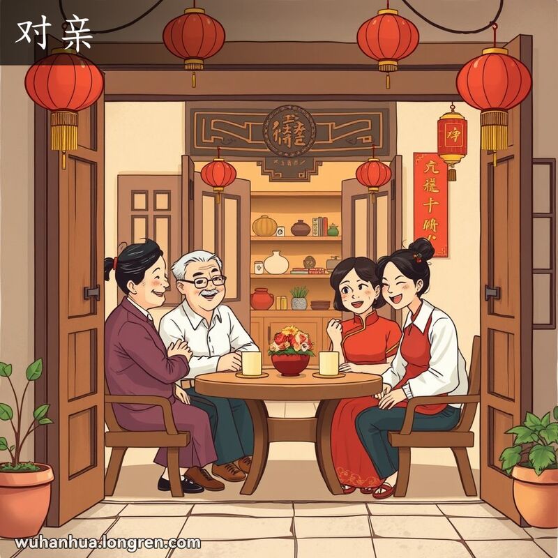 一对年轻男女在武汉传统庭院中进行相亲，两对家长围坐在桌旁，微笑交谈，房间装饰有红灯笼和对联。