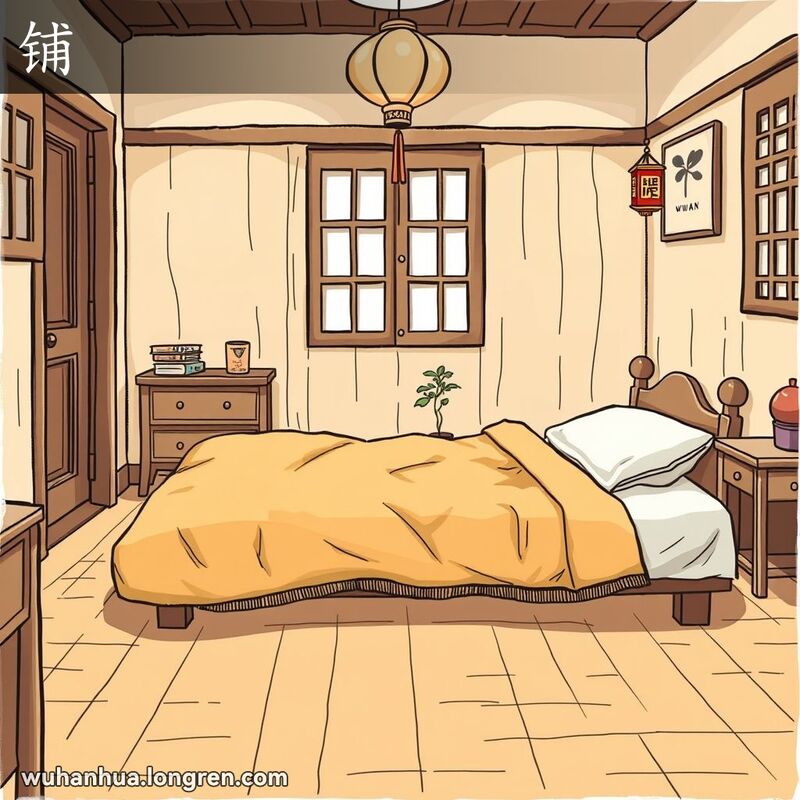 一个温馨的武汉传统风格的卧室，房间内摆放着一个简单的临时床铺，背景有中式灯笼和小盆栽