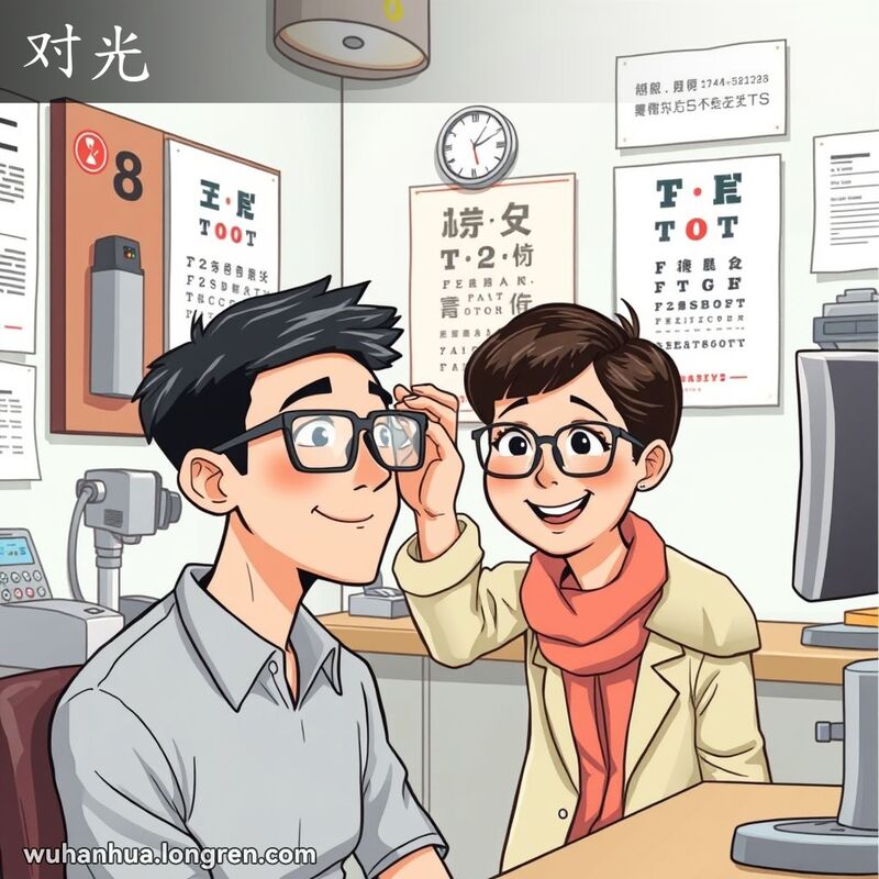 一位武汉年轻人在验光师的诊所里，戴着试验眼镜，验光师正在调整镜片，年轻人稍微眯着眼睛，表示视力不太正常。