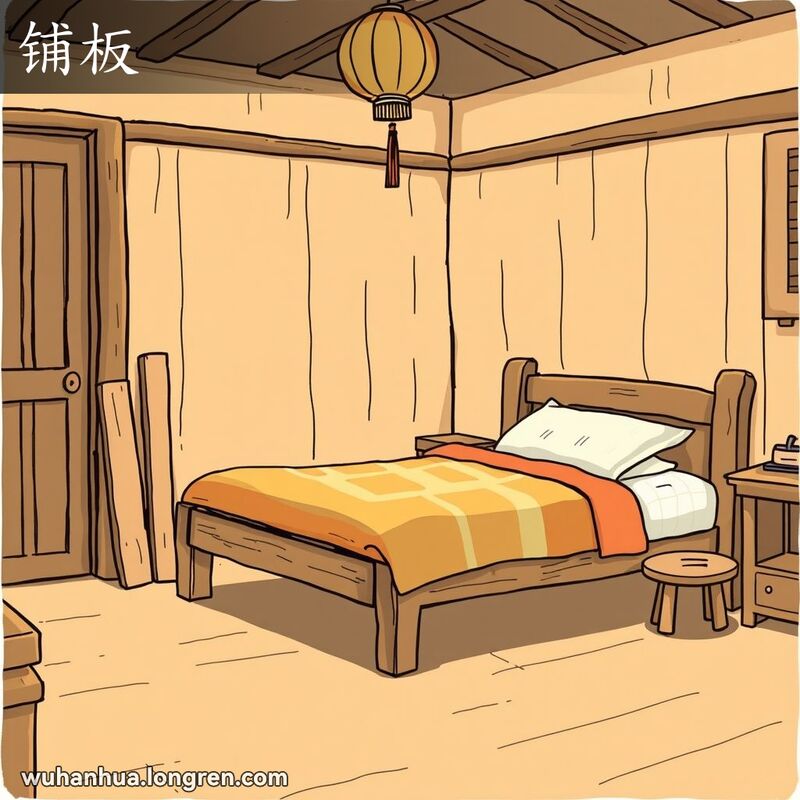 一个温馨的传统武汉家庭场景，房间内有木质家具和暖色调的灯光，床边靠墙放着几块用来搭铺的木板。