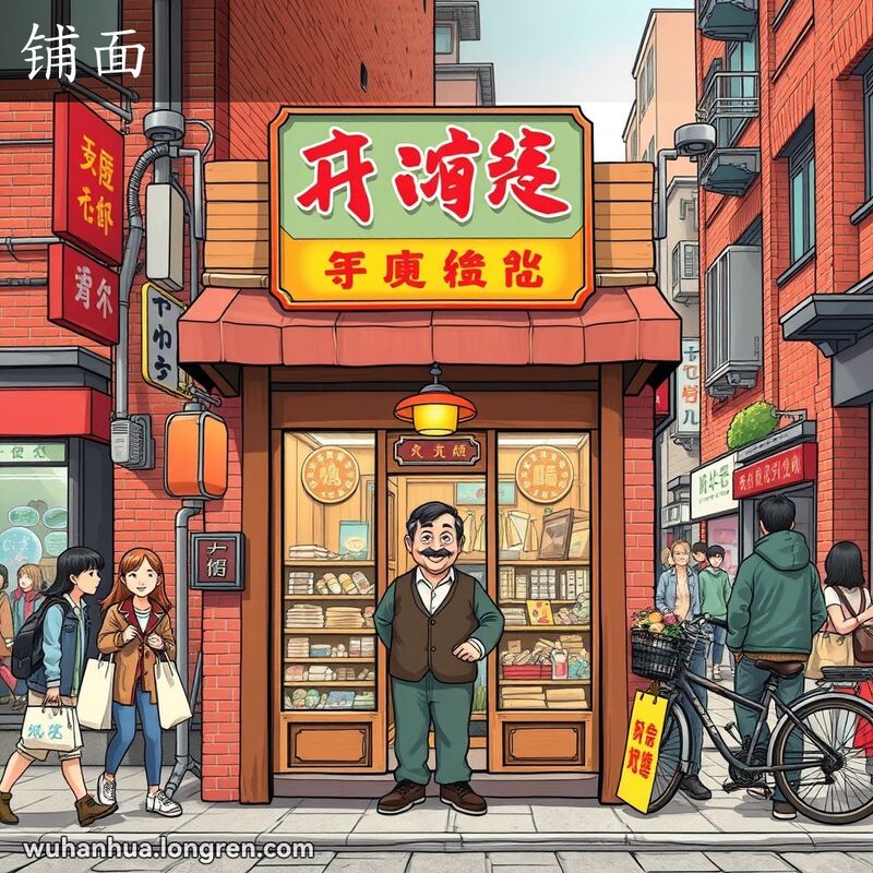 武汉街道上的一家小店铺，店主微笑迎接顾客，背景有行人和自行车