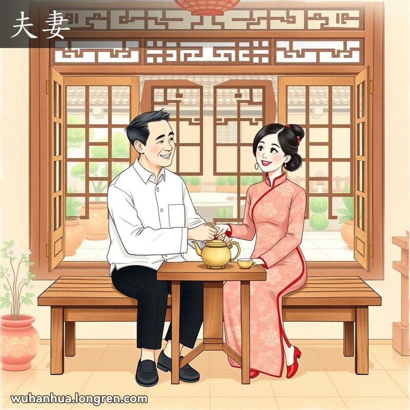 一对中年夫妻坐在传统武汉家庭的木质长凳上，手牵手，脸上带着温暖的笑容，背景是一个温馨的家庭场景，有传统的中式窗户和宁静的庭院。