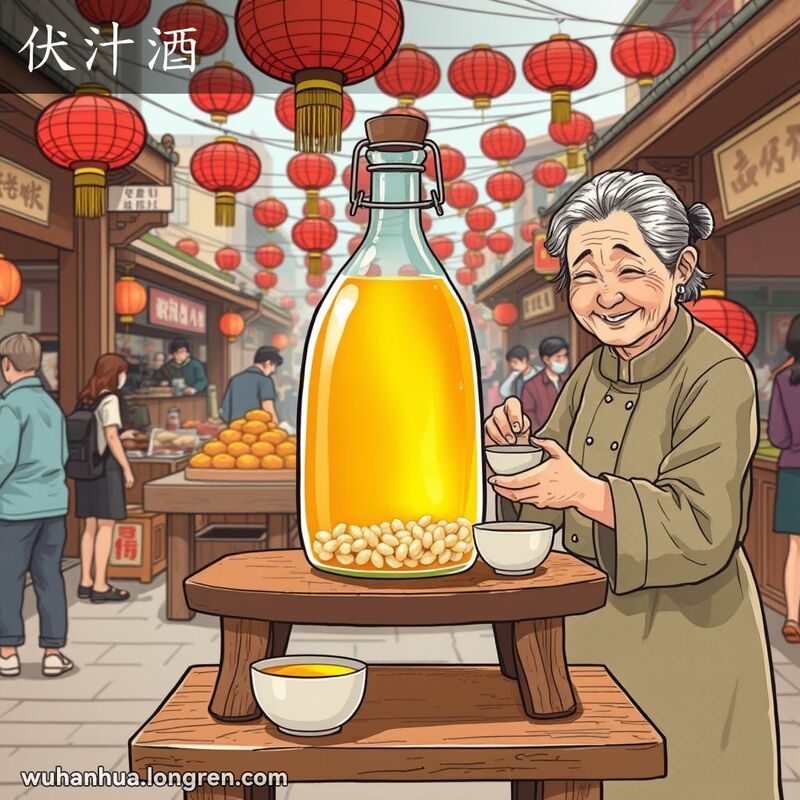 武汉街市摊位上，一瓶甜米酒（伏汁酒）和几个小瓷杯，老妇人正在倒酒，背景有其他摊位和行人