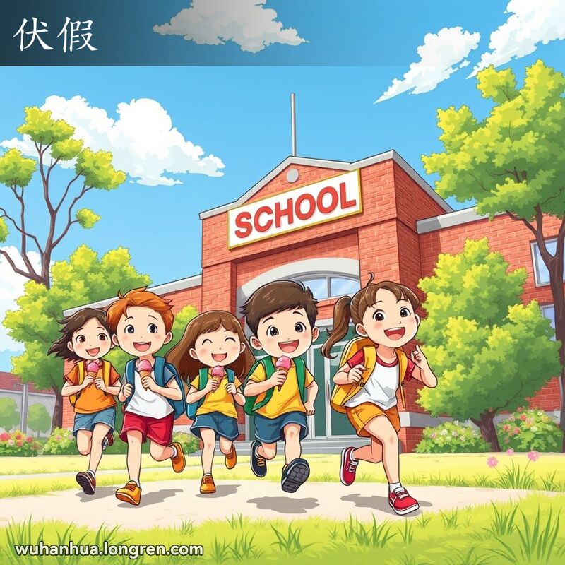 孩子们兴高采烈地从学校跑出来，手里拿着冰淇淋，背景是绿树和鲜花，表现暑假的欢乐场景