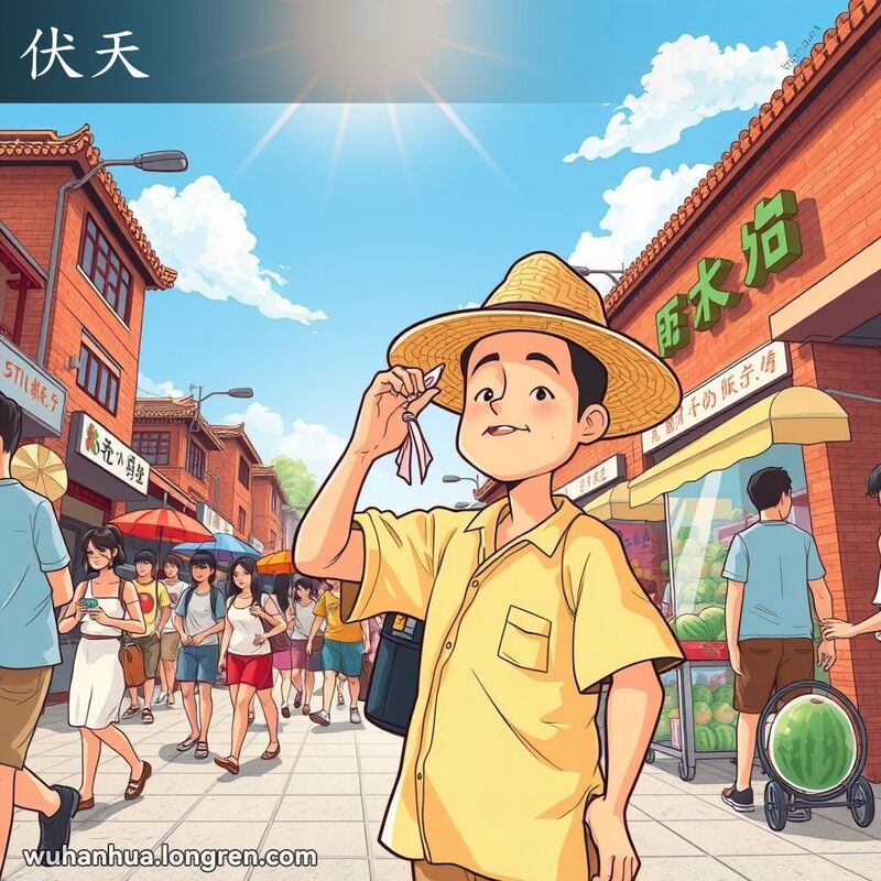 武汉伏天街景，行人穿着夏装，摊贩售卖冰饮和西瓜，主角戴草帽擦汗，背景是传统建筑。