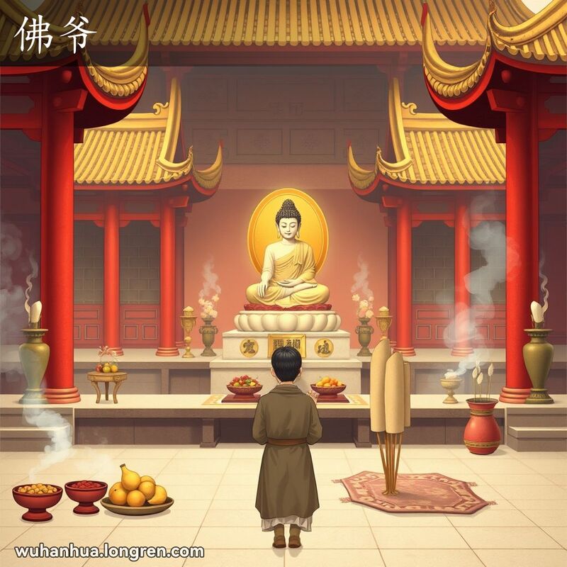 一位佛教徒在武汉寺庙中跪拜佛像，背景是传统中国建筑和香火缭绕的场景