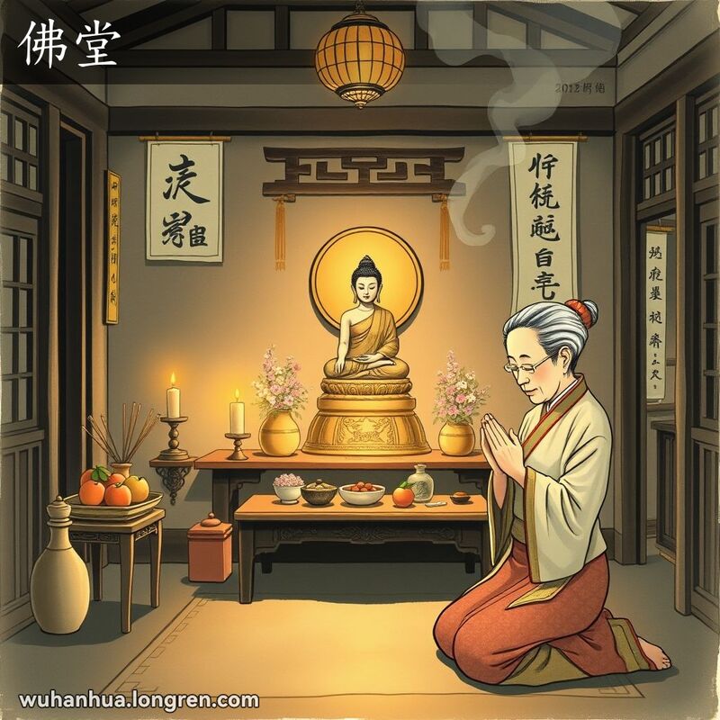 一间传统中国房屋内的佛堂，佛像前有老妇人跪拜，周围有供品和佛教装饰。