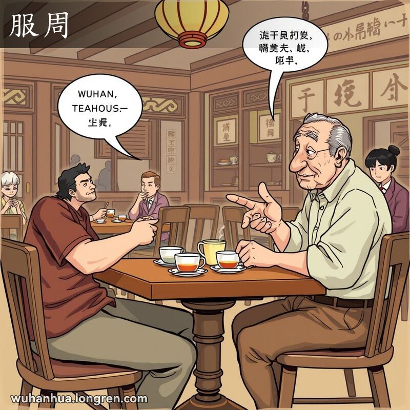 一位中年男子在武汉茶馆听老人解释，脸上露出信服的表情，背景有其他顾客在享受茶点