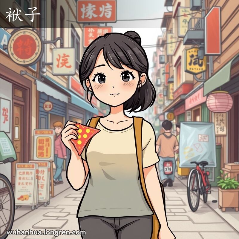 一位年轻的武汉女子手持小手帕，走在繁忙的街道上，背景是武汉的街景。