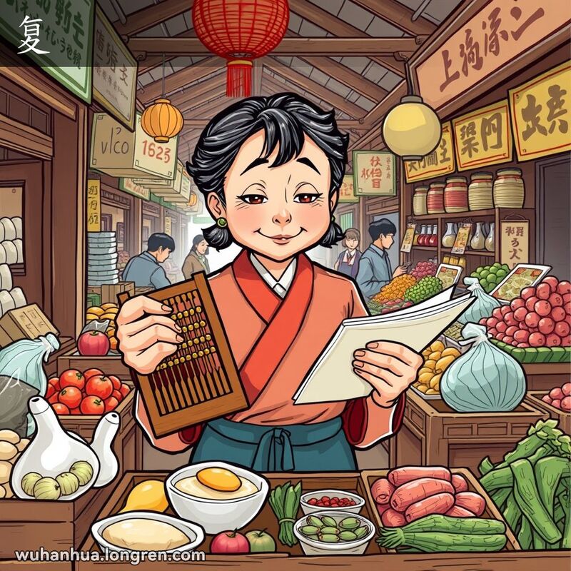 一位中年妇女在武汉市场摊位后，手持算盘和账本，专注地进行复核计算。