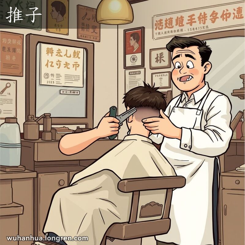 一位武汉理发师在传统理发店中，手持老式推剪为顾客理发，背景是怀旧的理发店装饰