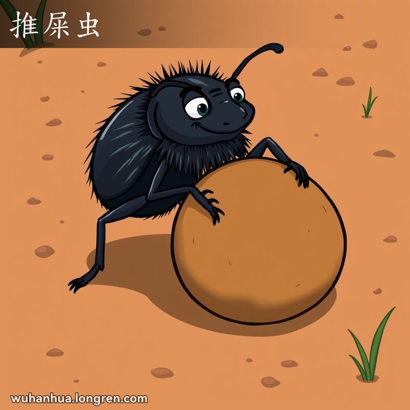 一只黑色的推屎虫用后腿推着圆圆的粪球，背景是土壤和草地