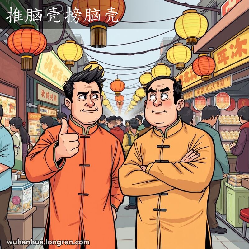 两个男人在武汉市场中，一个指责另一个推卸责任，背景是繁忙的市场和传统灯笼。