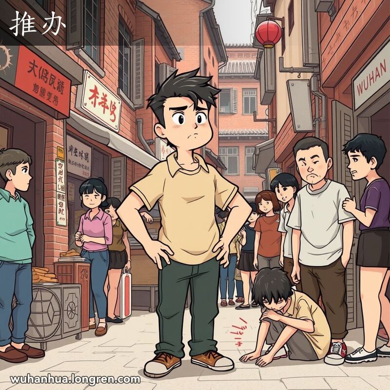 一位年轻人在武汉老街区，双手叉腰，俯视着另一位坐在地上显得沮丧的人，脸上露出“推办”的表情，背景是武汉老街景