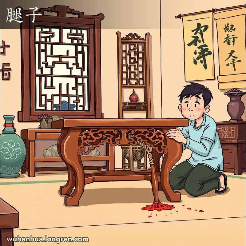 一个人在检查桌子的弯曲桌腿，背景是温馨的老武汉客厅