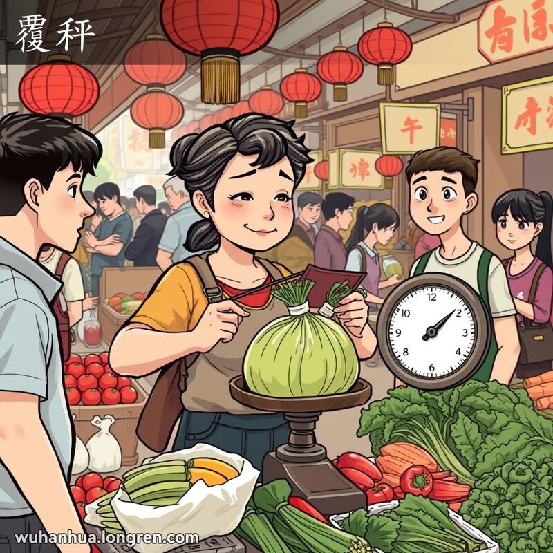 一位中年妇女在武汉传统市场摊位前，手持老式秤重新称量蔬菜，旁边的顾客专注观看，背景有其他摊贩和顾客。