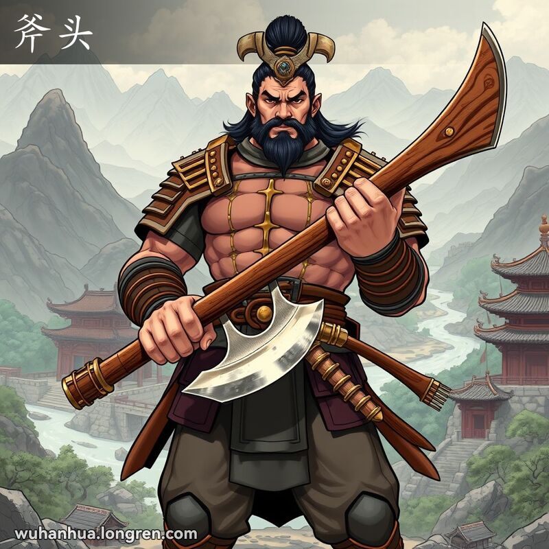 一位古代中国武士手持锋利的斧头，背景是传统的中国山水画风景