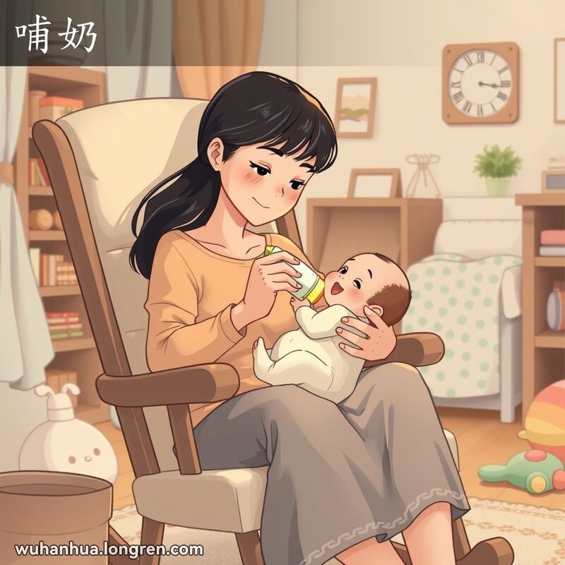 一位年轻母亲在家中摇椅上用奶瓶喂奶，婴儿满足微笑，房间温馨