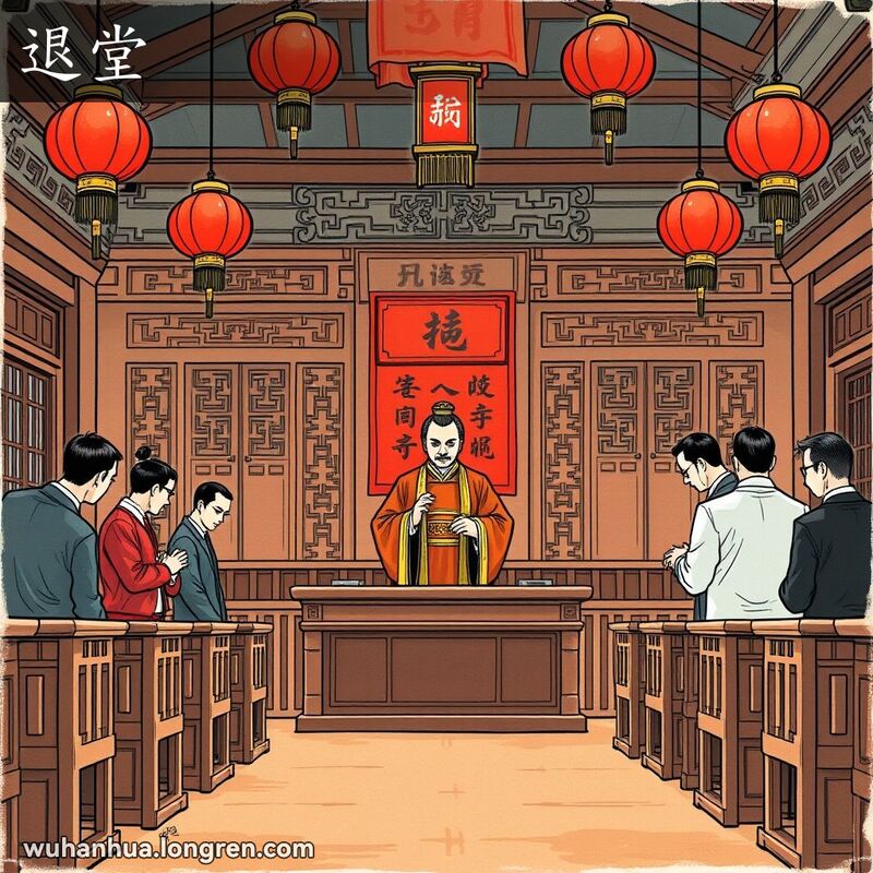 古代中国法庭场景，法官结束审判退出公堂，被告和证人鞠躬