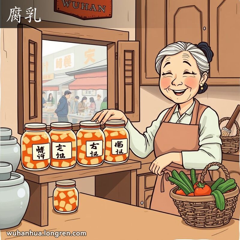 一个传统的武汉厨房，柜台上摆放着几个装有豆腐乳的小罐子，一位微笑的老妇人正在整理罐子，背景是热闹的市场。