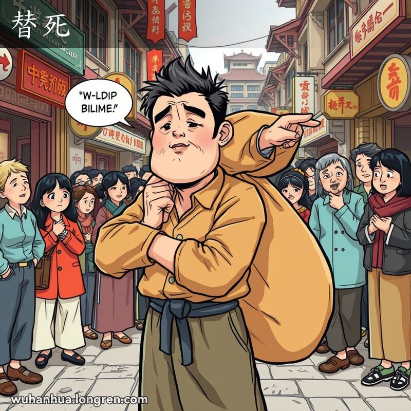 一位穿着传统中国服装的男子背着沉重的包袱，表情无奈，象征替别人受过或吃苦，背景是热闹的武汉老街。