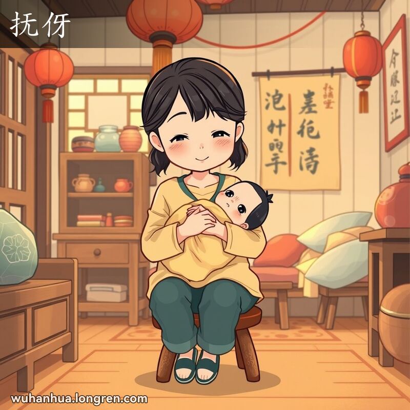 一位年轻的武汉女子在家中怀抱婴儿，脸上带着温柔和关爱的表情，背景是传统的武汉家庭装饰