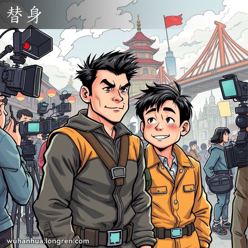 武汉电影拍摄现场，替身演员准备执行危险动作，主演在一旁观看，背景有黄鹤楼和长江大桥。