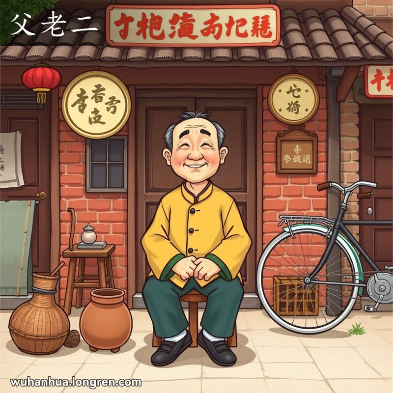 一位中年男子坐在老武汉街头的木凳上，面带微笑，背景是武汉老街景，周围有竹篮、瓦罐和老式自行车。