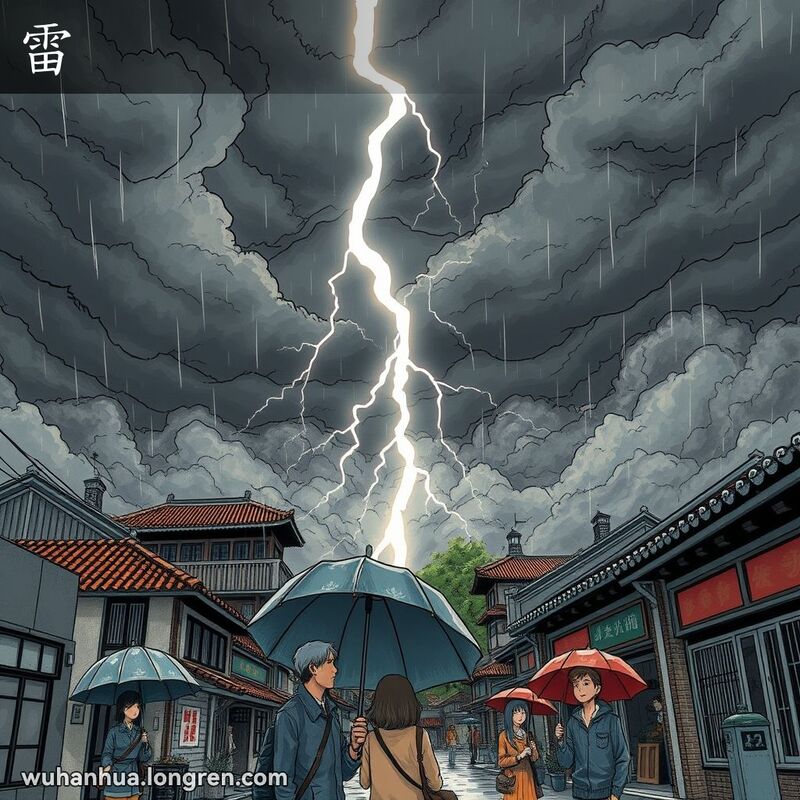 乌云密布的天空，闪电划过，武汉街道上的行人撑伞仰望，表情夸张