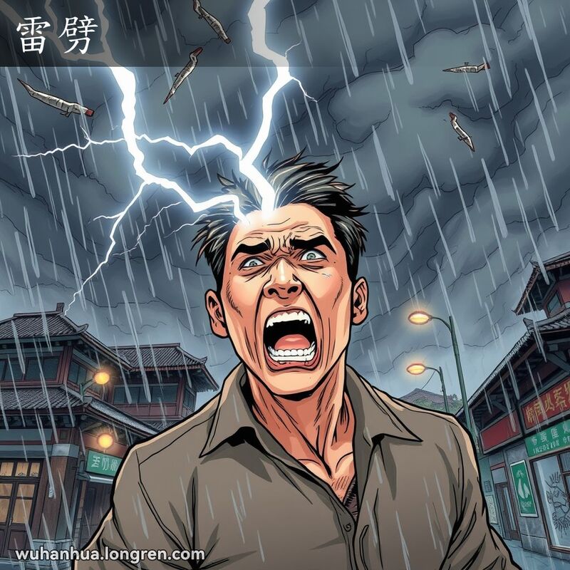 一个人在武汉的雷电交加的暴雨中被雷电击中，背景是武汉的街景和雷云