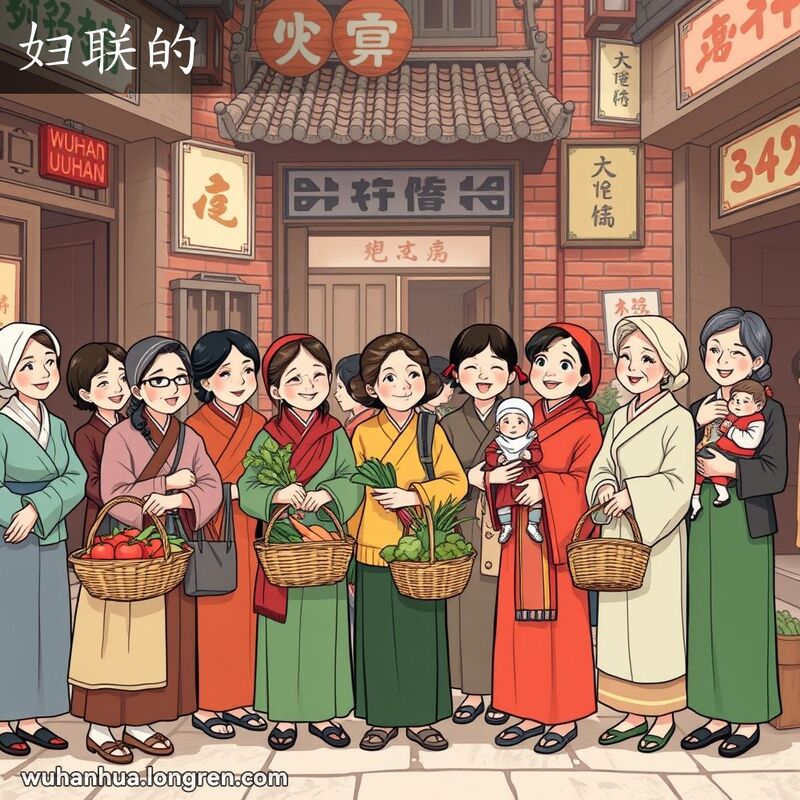 一群穿着传统服饰的妇女在武汉老街市场上，手持菜篮、抱着孩子，脸上洋溢着笑容，互相交谈，展现了解放初期妇女团结互助的精神。