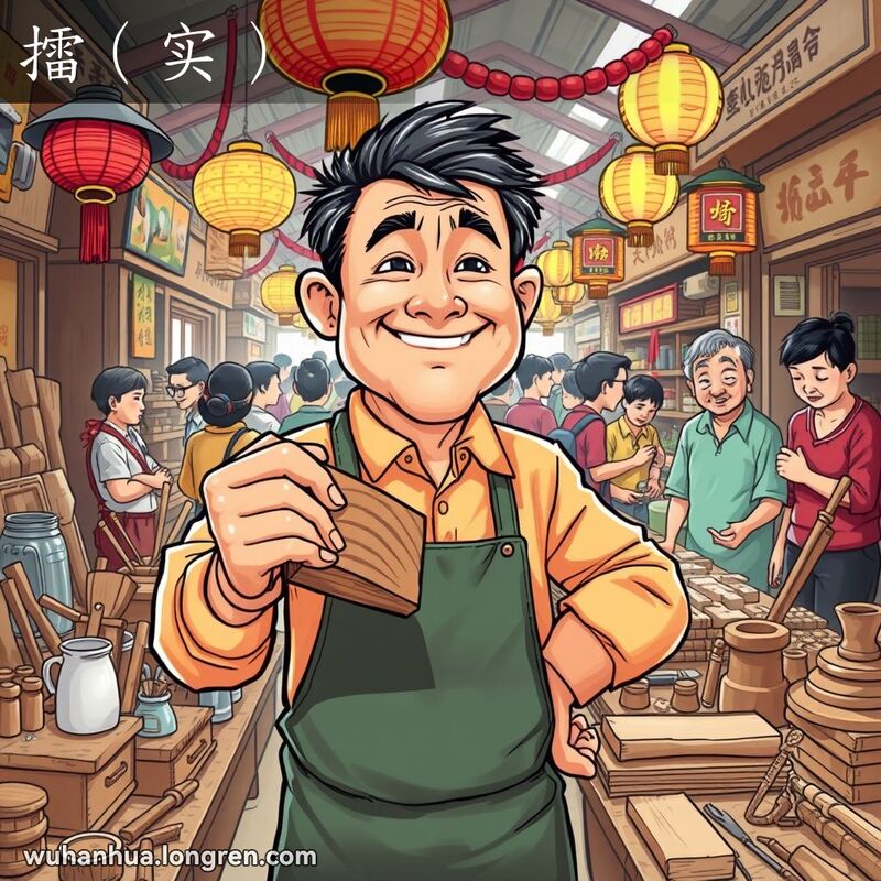 一位武汉工匠在工作坊里展示他精心制作的木工艺品，背景是热闹的市场和传统装饰