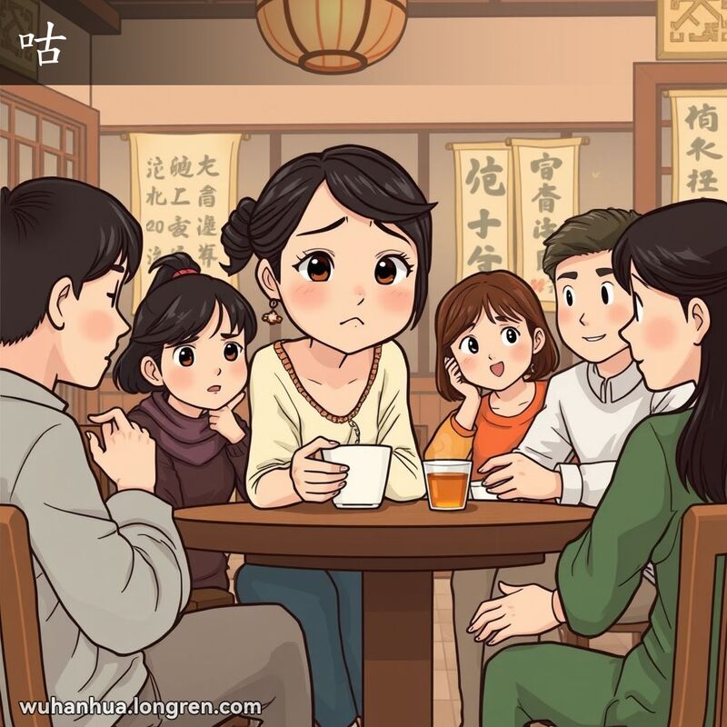 一群朋友在武汉茶馆里围坐，年轻女子手持茶杯，露出好奇且困惑的表情，背景是传统中式茶馆。