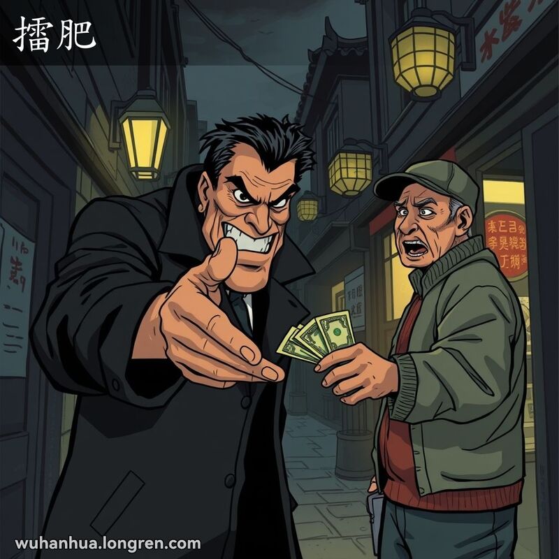 一个凶恶的男子在武汉老街巷子里威胁店主，强迫他交出钱，表现“擂肥”的场景。