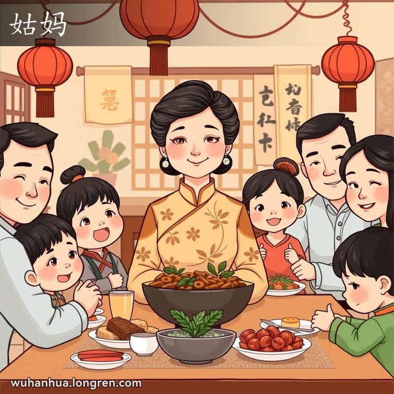 一个温馨的家庭聚会场景，主角是一位穿着旗袍的中年妇女，她坐在餐桌主位，周围是正在享受家庭聚餐的家人，背景有传统中国装饰。