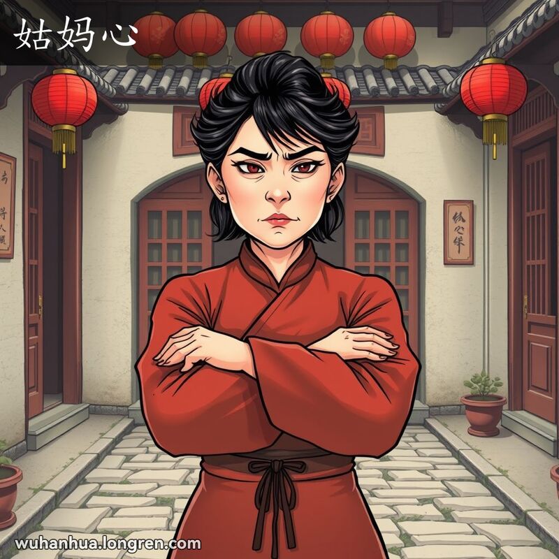 一位中年妇女站在武汉老式庭院中，面露冷酷无情的表情，背景有木门、红灯笼和石板路