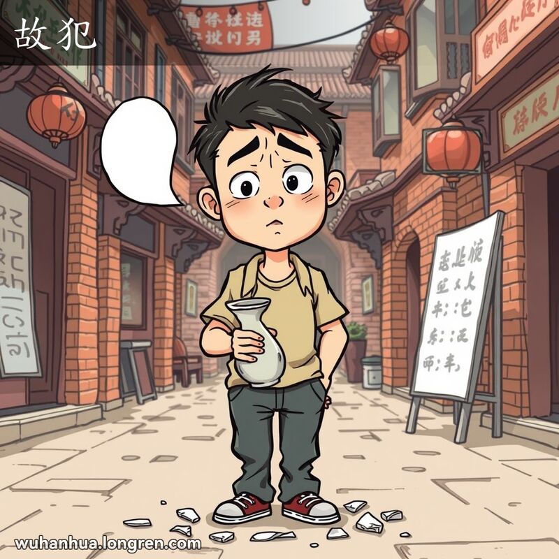 一位武汉男子站在街道上，手中拿着破碎的花瓶，脸上露出困惑和懊悔的表情，背景是武汉老街景