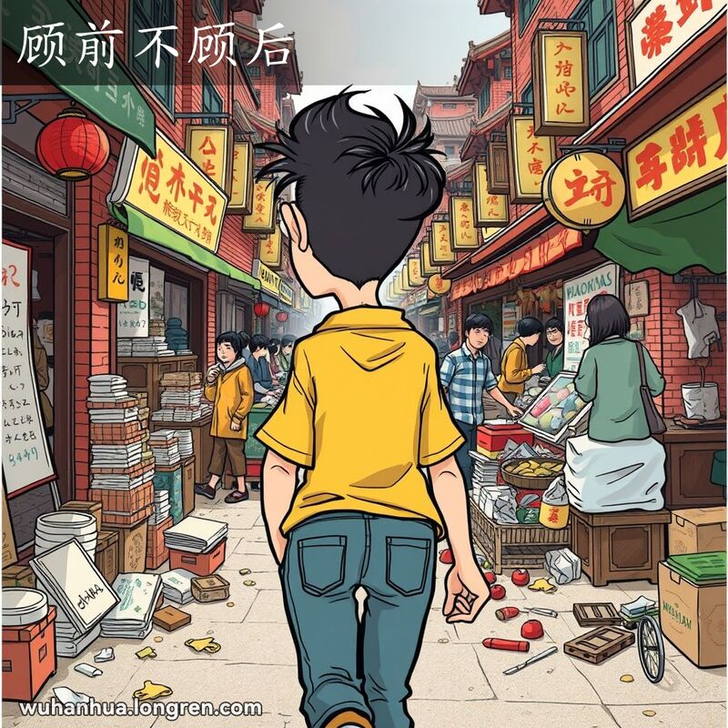 一个人在武汉街市中只顾前方，忽视身后混乱，背景是武汉老街景