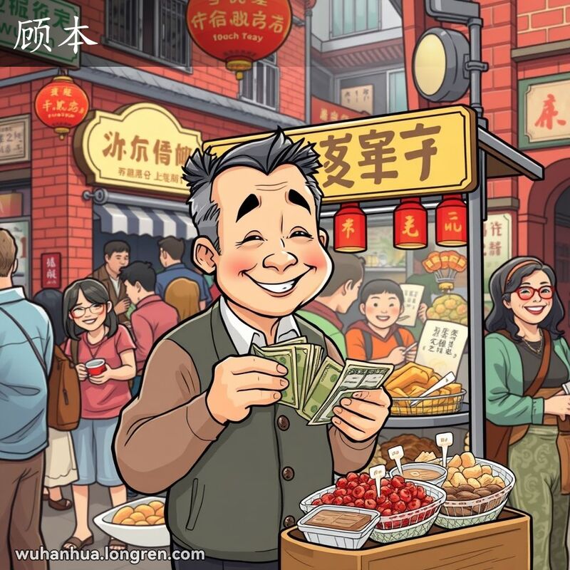 武汉市场摊贩数钱露出满意表情，背景是热闹的市场景象