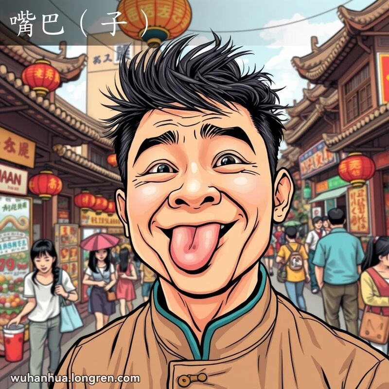 一位武汉市民做出夸张表情，吐舌头，背景是武汉热闹街景