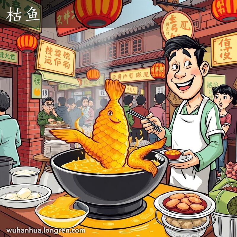 武汉街头市场的油炸摊位，摊主正在炸鱼，顾客等待，背景有其他摊位