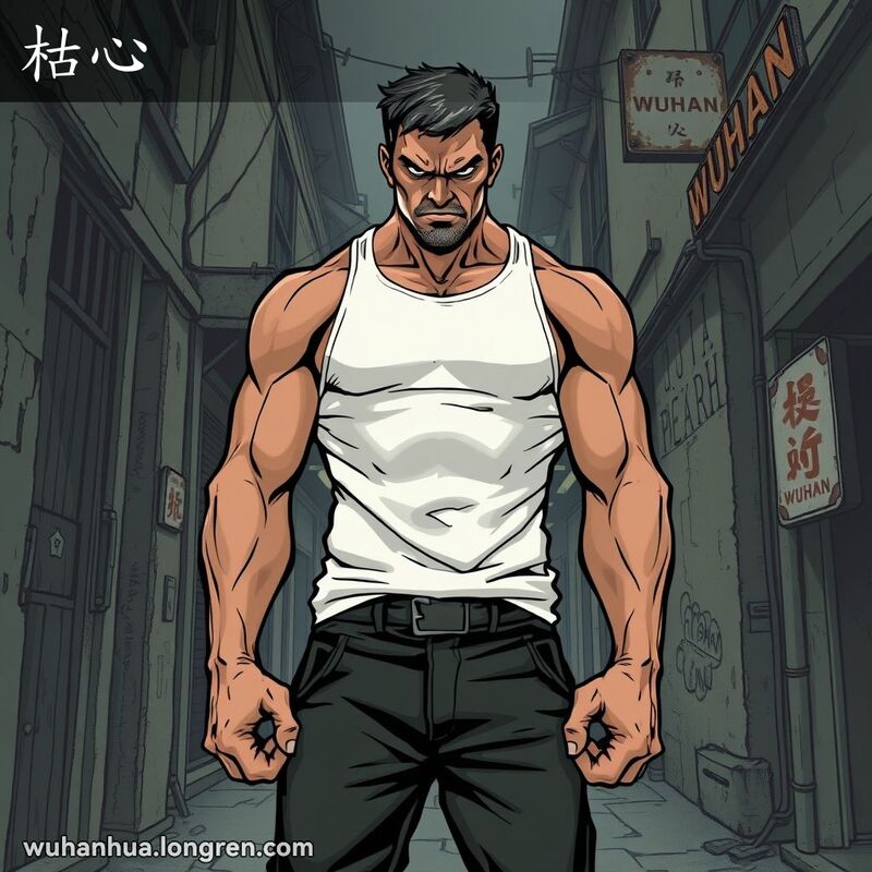 一位面容凶狠的男子站在武汉的昏暗小巷中，背景是破旧的老建筑和锈迹斑斑的金属招牌