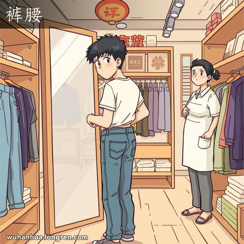 一位年轻男子在武汉的服装店里试穿牛仔裤，调整裤腰带的松紧度，背景是温馨的店内环境
