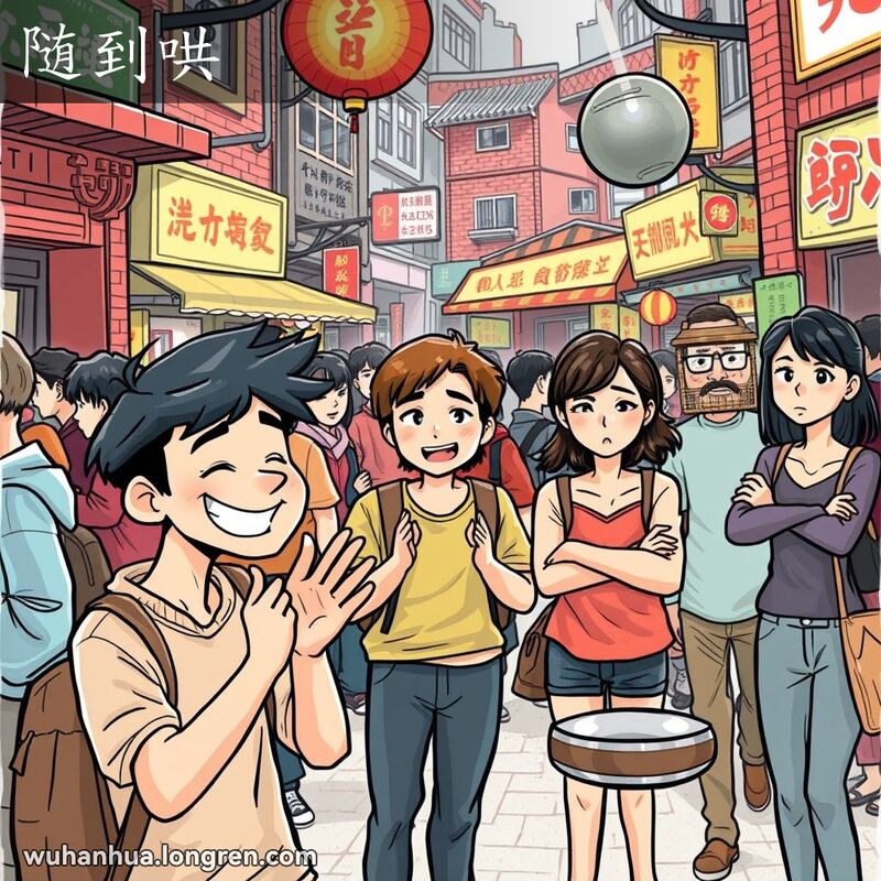 一群朋友在武汉街市上观看街头表演，其中一位朋友正在随声附和，跟着起哄，背景是武汉老街景